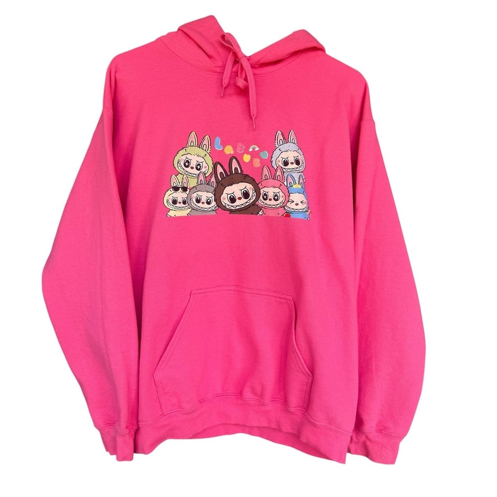 Gildan Hoodie Womens Medium Pink Labubu Bunny Graphic Pullover Fleece Sweatshirt